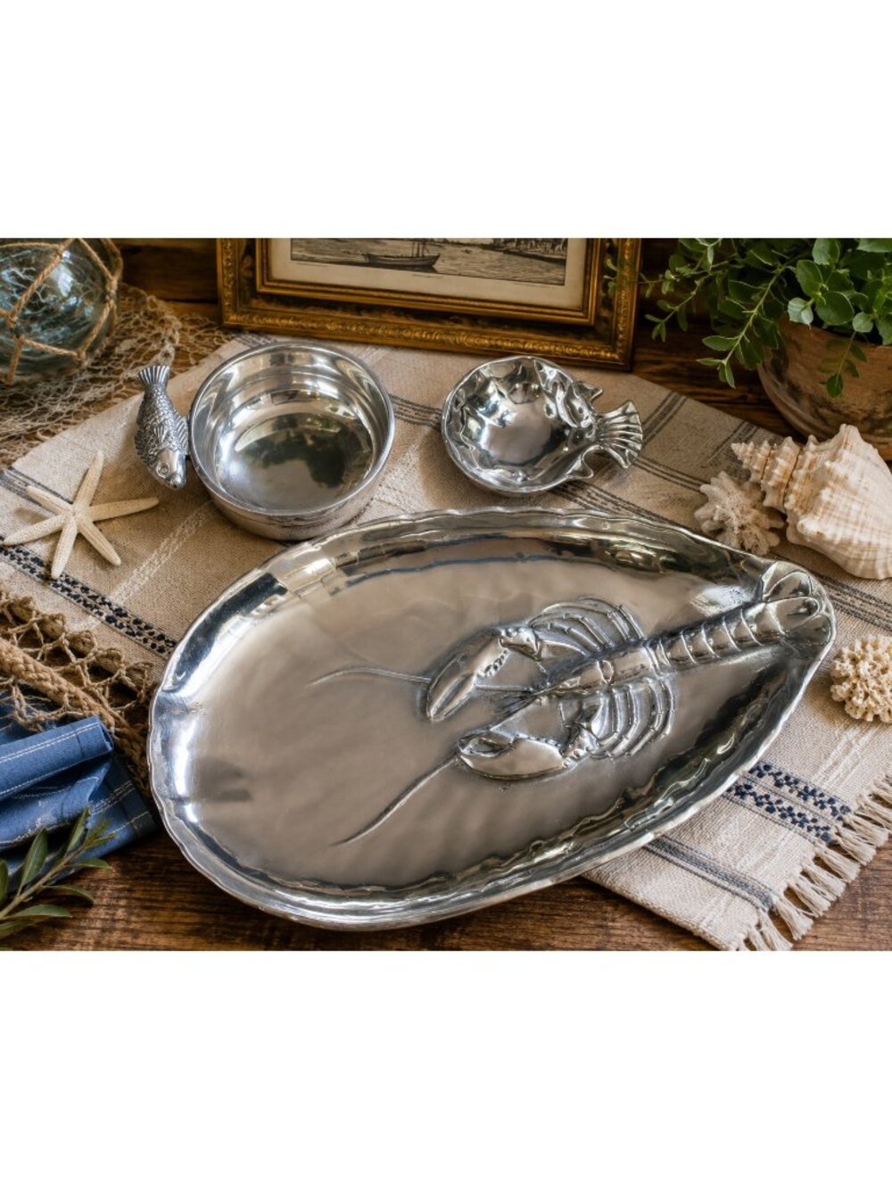 Mexico Pewter Coastal Serving Tray Set Marlin Fish Nautical Serveware Dish